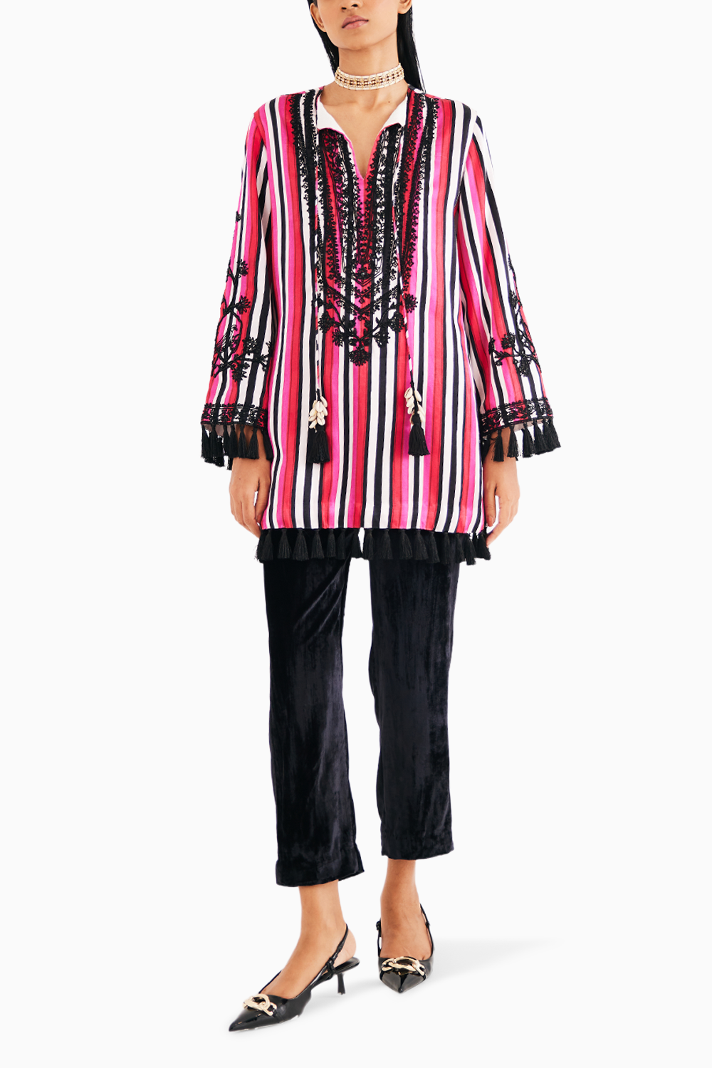 Rani Pink Stripe Embroidered Tunic and Black Silk Velvet Narrow Pants
