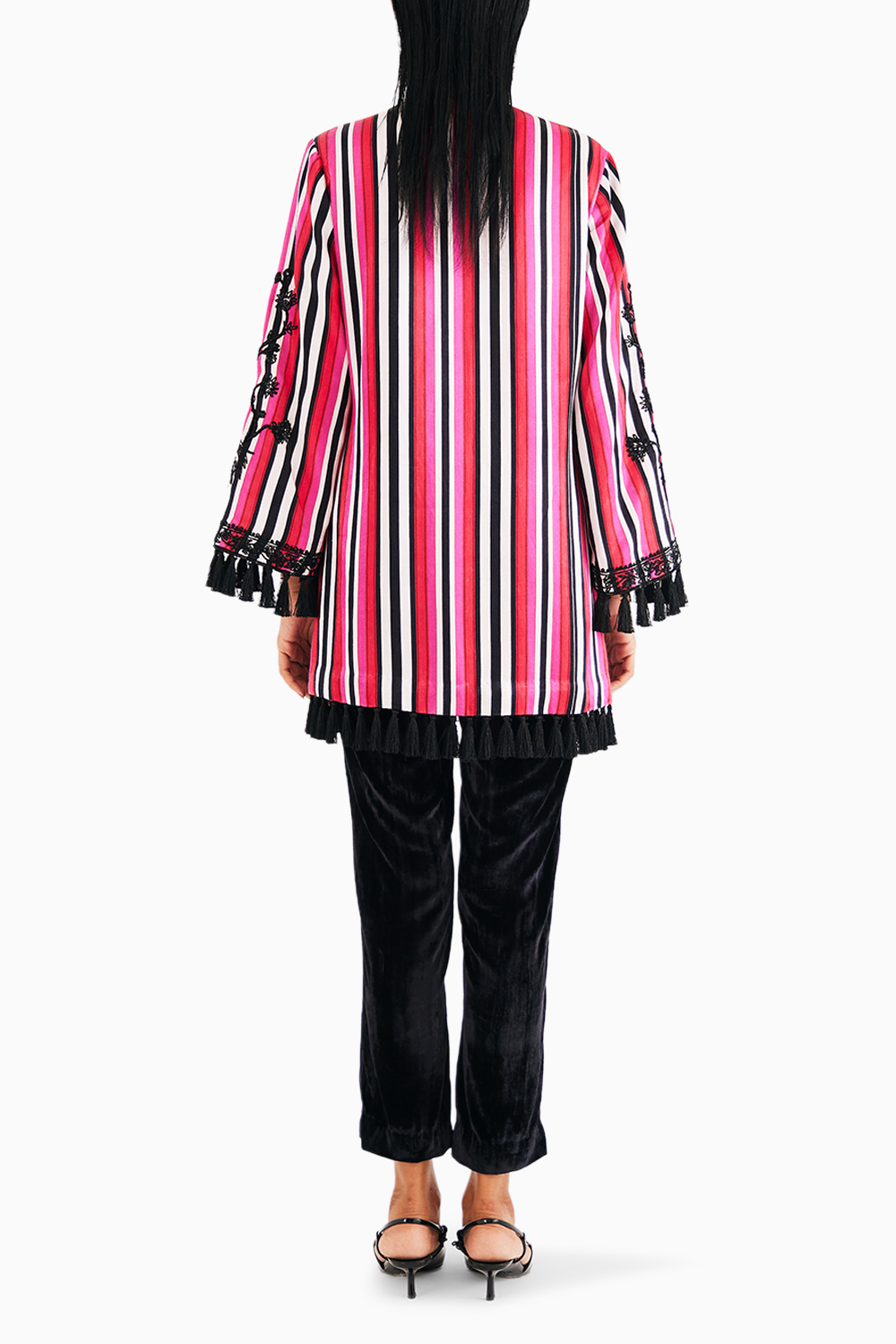 Rani Pink Stripe Embroidered Tunic and Black Silk Velvet Narrow Pants