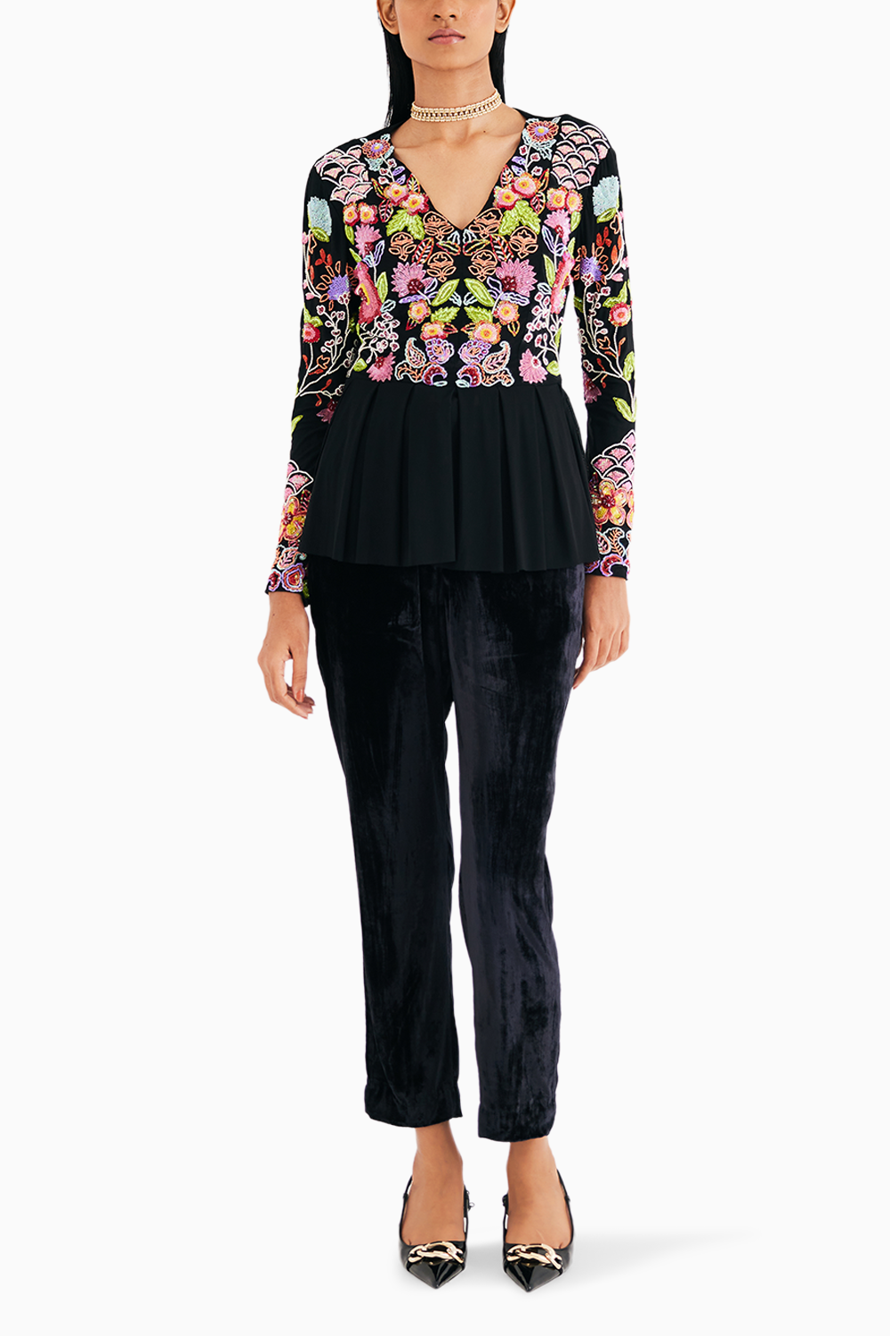 Black Embroidered Floral Net Top And Narrow Pants Set