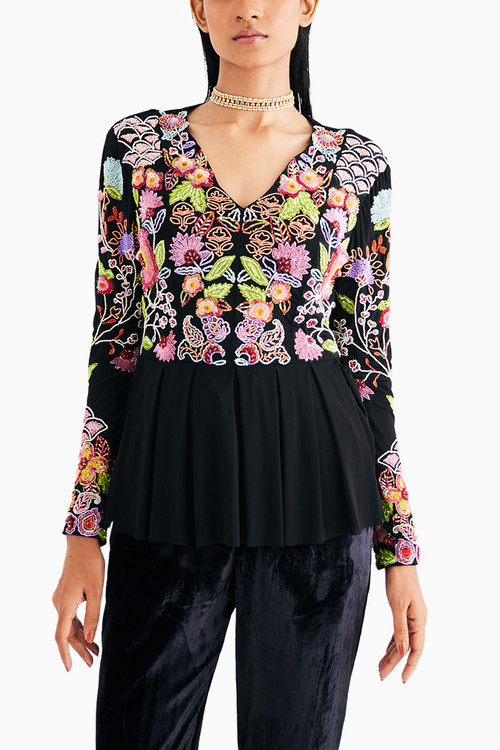 Black Hand Embroidered Floral Net Top