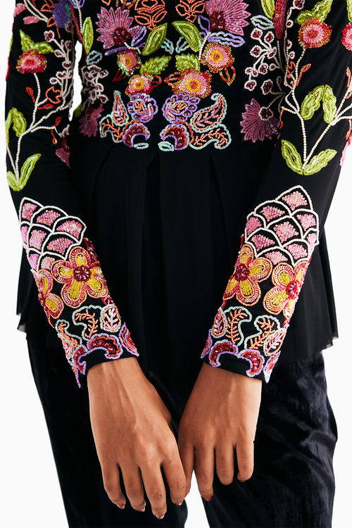 Black Hand Embroidered Floral Net Top