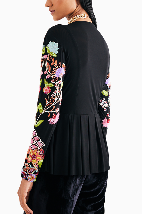 Black Hand Embroidered Floral Net Top