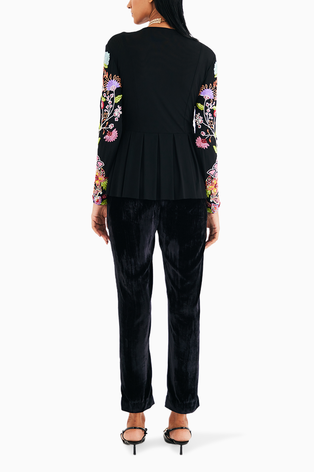 Black Embroidered Floral Net Top And Narrow Pants Set