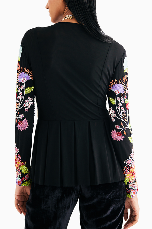 Black Hand Embroidered Floral Net Top