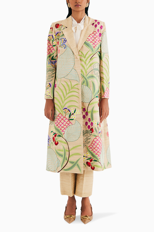 Temple Golden Long Silk Jacket, Ruffle Shirt And Straight Pants Set