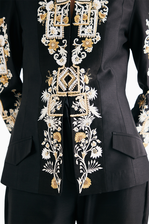 Black Silk Chanderi Embroidered Temple Jacket And Flared Pant Set