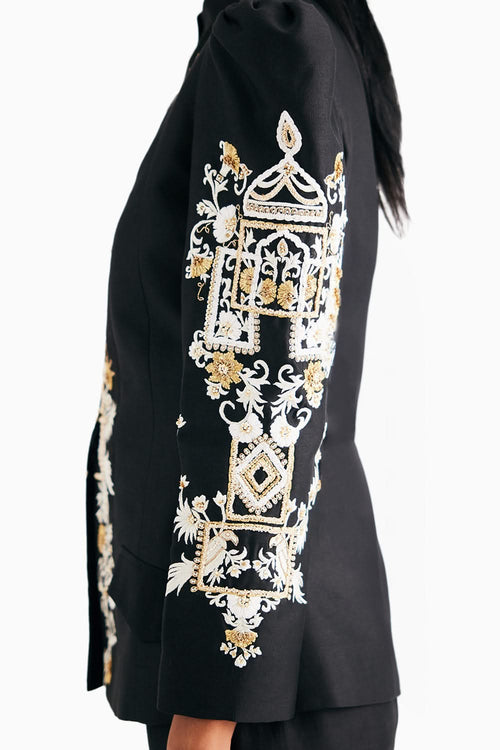 Black Silk Chanderi Embroidered Temple Jacket And Flared Pant Set