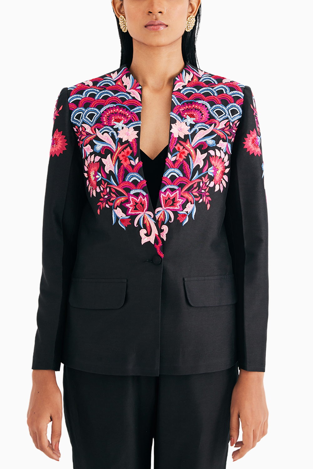 Black Silk Chanderi Floral Embroidered Jacket