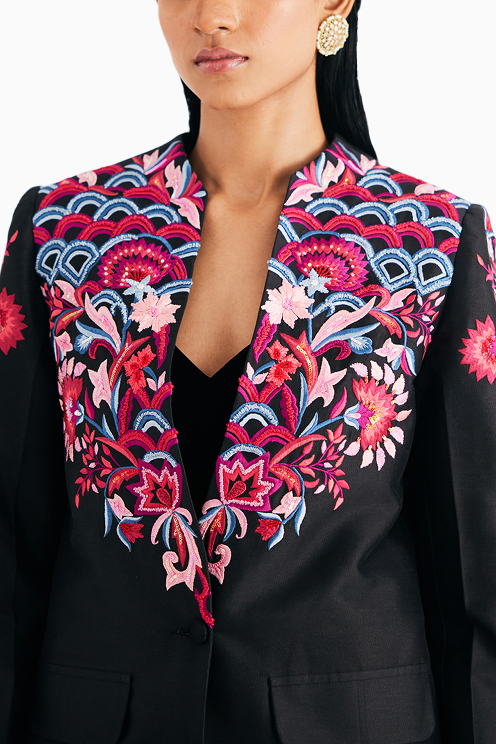 Black Silk Chanderi Floral Embroidered Jacket