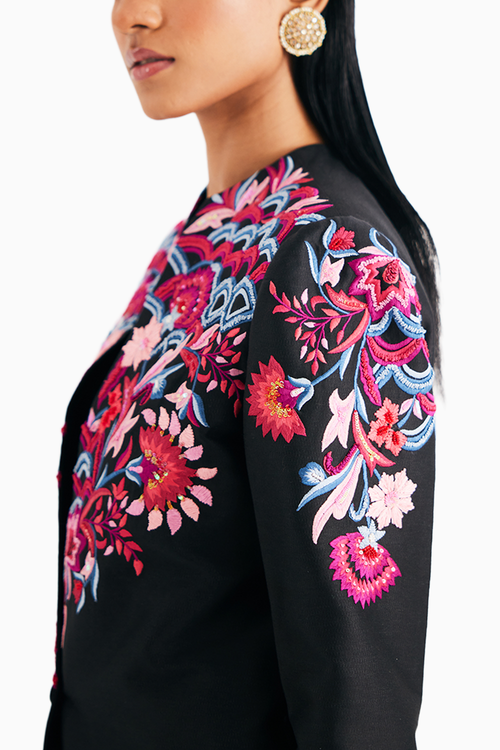 Black Silk Chanderi Floral Embroidered Jacket