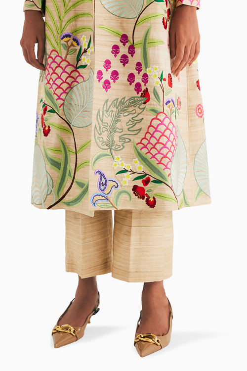 Temple Golden Long Silk Jacket, Ruffle Shirt And Straight Pants Set