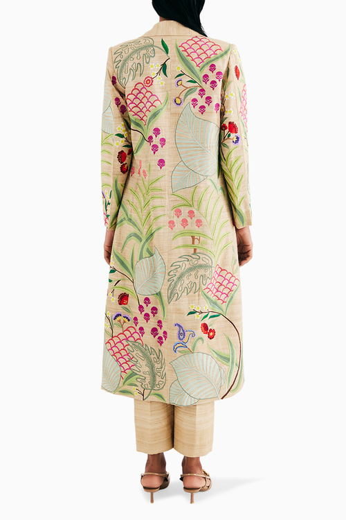 Temple Golden Long Silk Jacket, Ruffle Shirt And Straight Pants Set