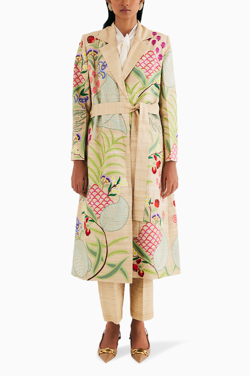 Temple Golden Long Silk Jacket, Ruffle Shirt And Straight Pants Set