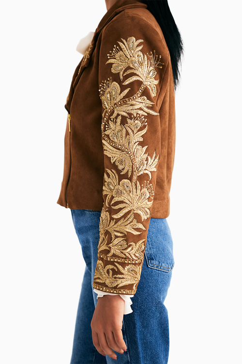 Brown Suede Embroidered Biker Jacket