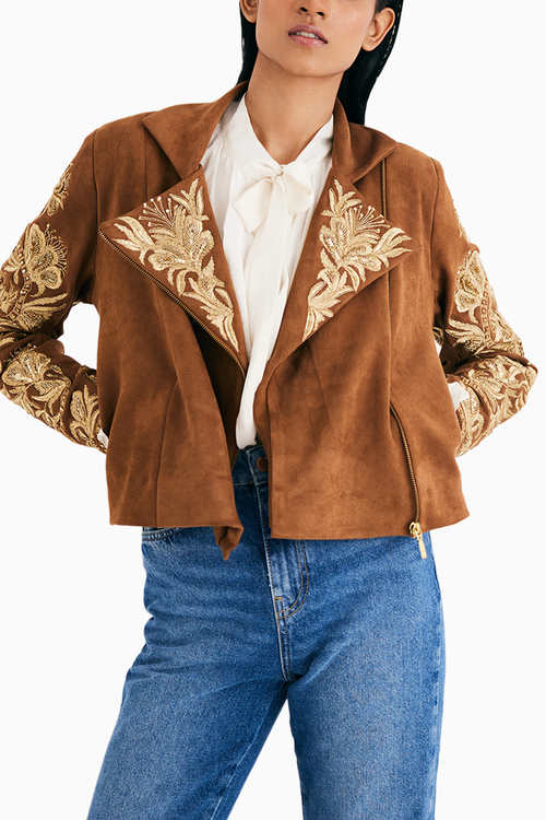 Brown Suede Embroidered Biker Jacket