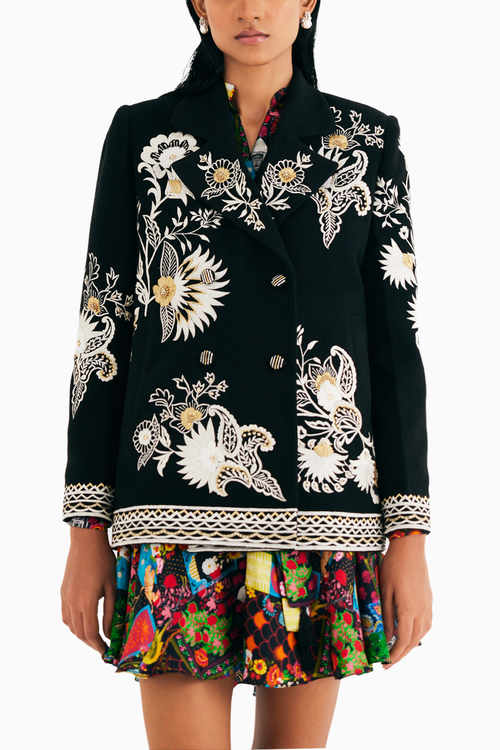 Black Embroidered Floral Wool Jacket
