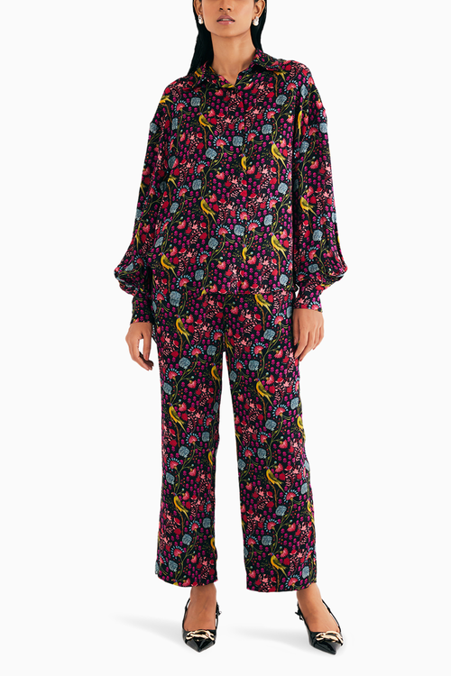 Black Parrot Print Satin Silk Shirt and Straight Pants