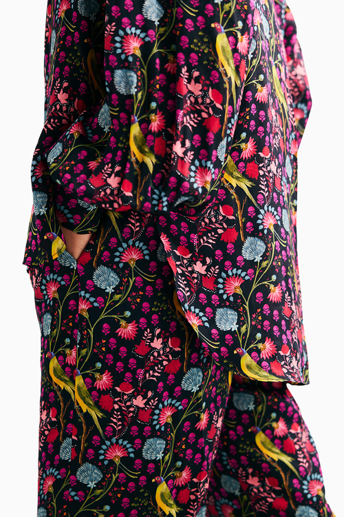 Black Parrot Print Satin Silk Shirt and Straight Pants
