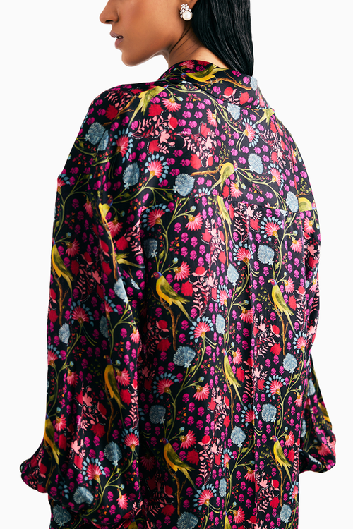 Black Parrot Print Satin Silk Shirt and Straight Pants