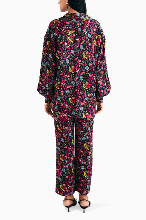 Black Parrot Print Satin Silk Shirt and Straight Pants