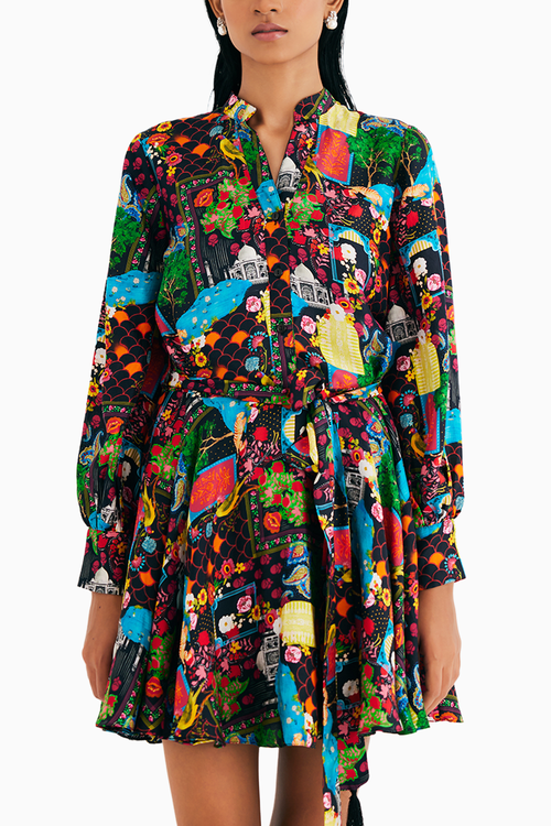 Black India Print Satin Silk Short Dress