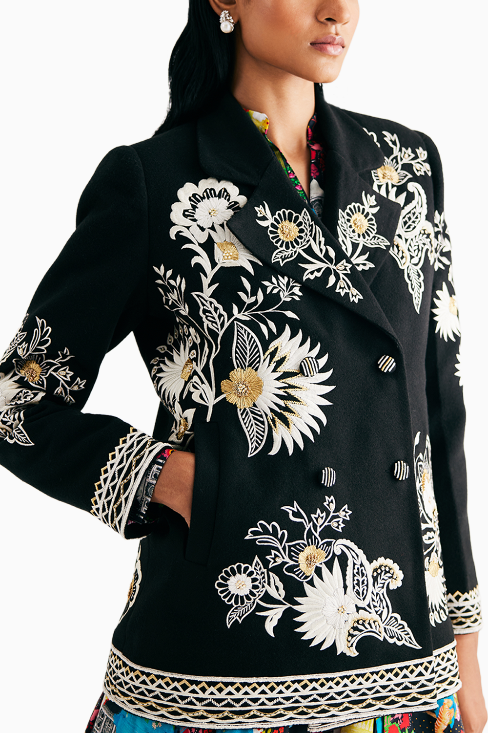 Black Embroidered Floral Wool Jacket