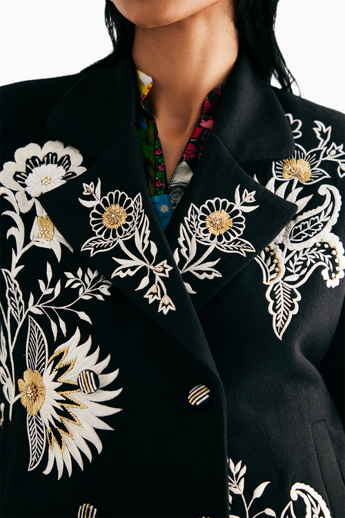 Black Embroidered Floral Wool Jacket