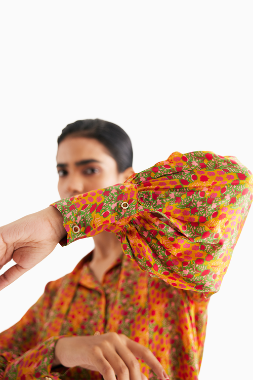 Indian Yellow Satin Silk Printed Shirt