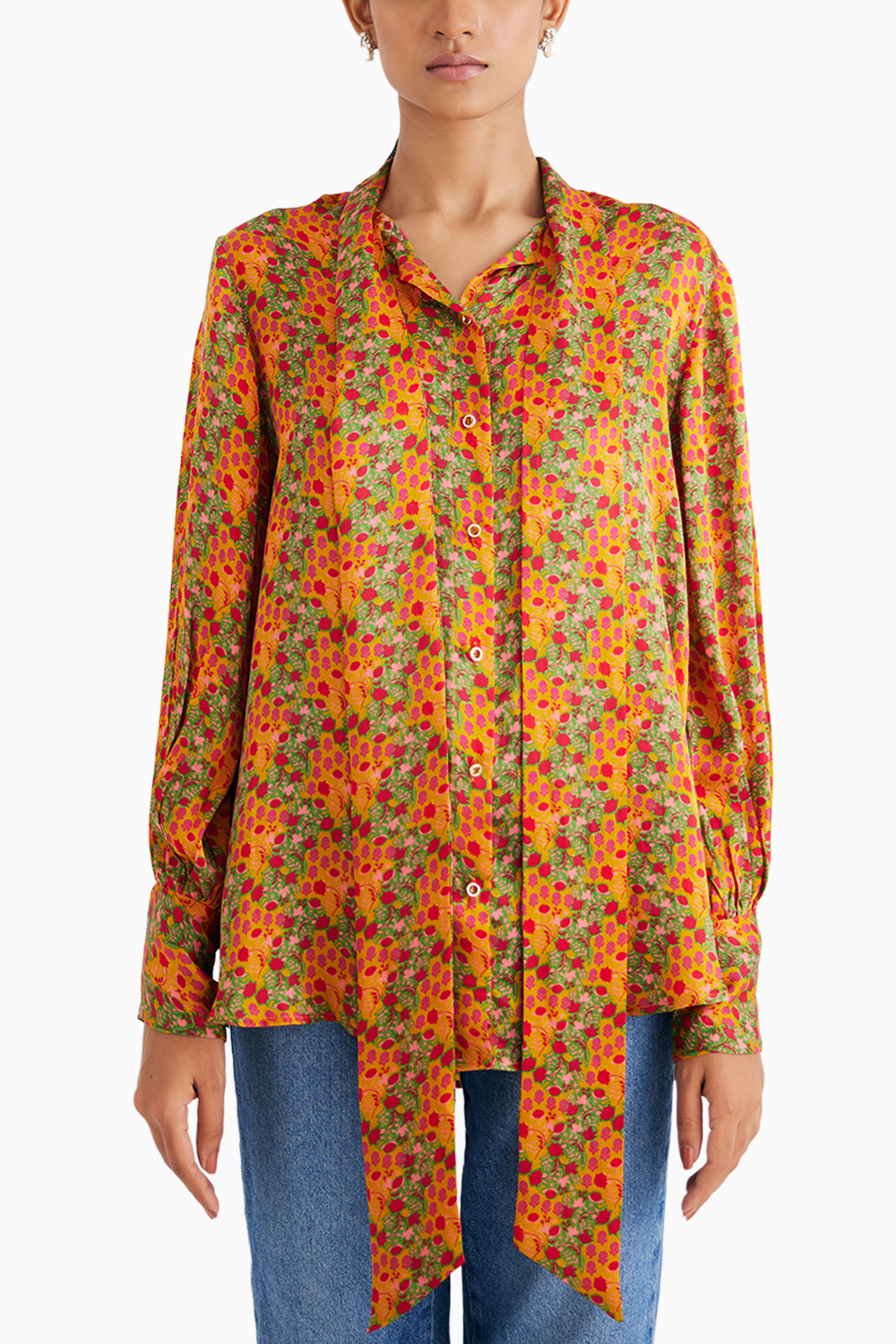 Indian Yellow Satin Silk Printed Shirt