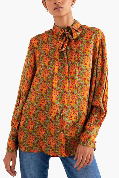 Indian Yellow Satin Silk Printed Shirt