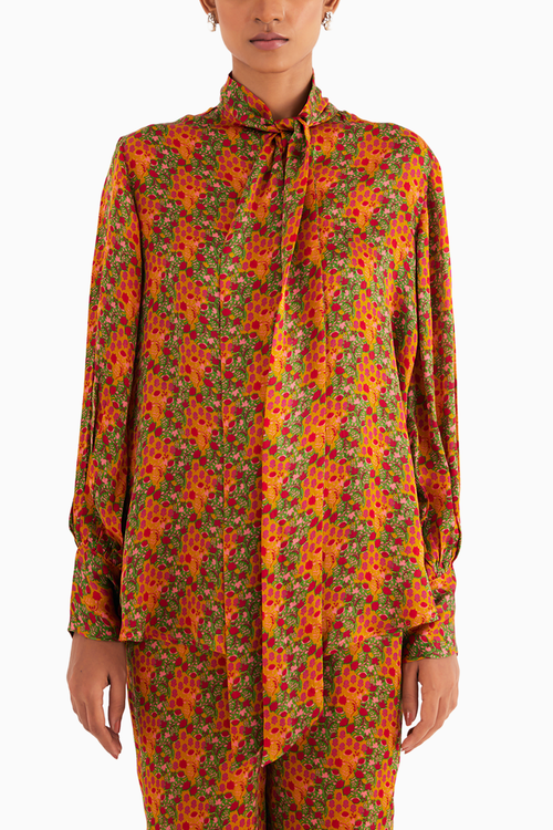 Indian Yellow Floral Print Satin Silk Shirt and Pants