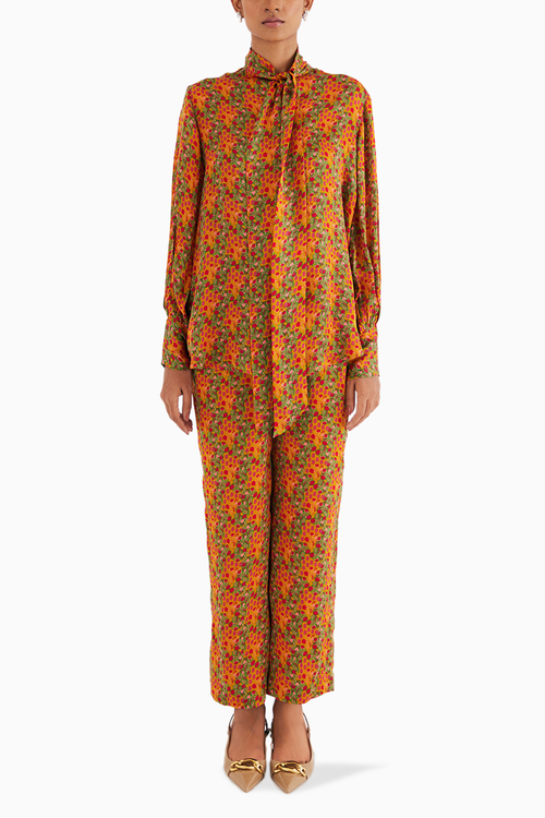 Indian Yellow Floral Print Satin Silk Shirt and Pants