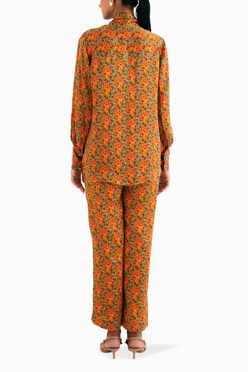 Indian Yellow Floral Print Satin Silk Shirt and Pants