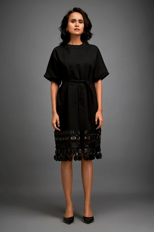Black Minimalistic Dress With Belted Waist