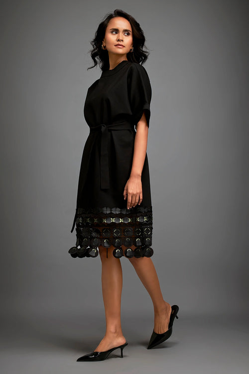 Black Minimalistic Dress With Belted Waist