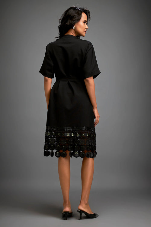Black Minimalistic Dress With Belted Waist