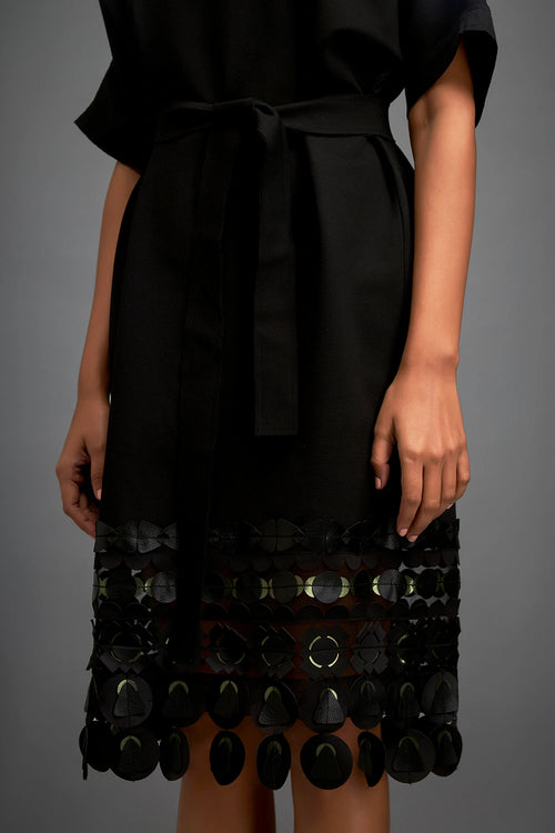 Black Minimalistic Dress With Belted Waist