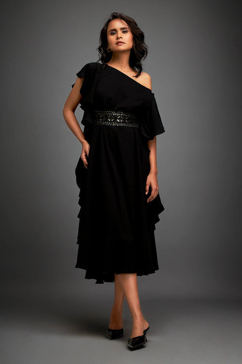 Black Asymmetrical Off-shoulder Green Textured Dress