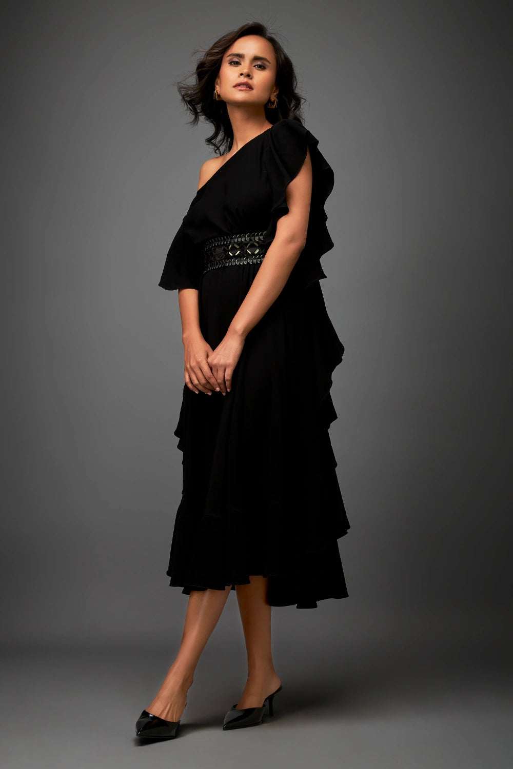 Black Asymmetrical Off-shoulder Green Textured Dress
