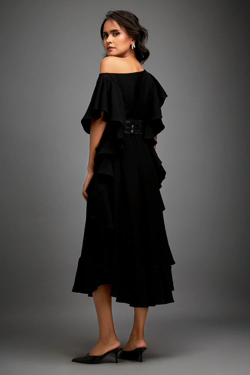 Black Asymmetrical Off-shoulder Green Textured Dress