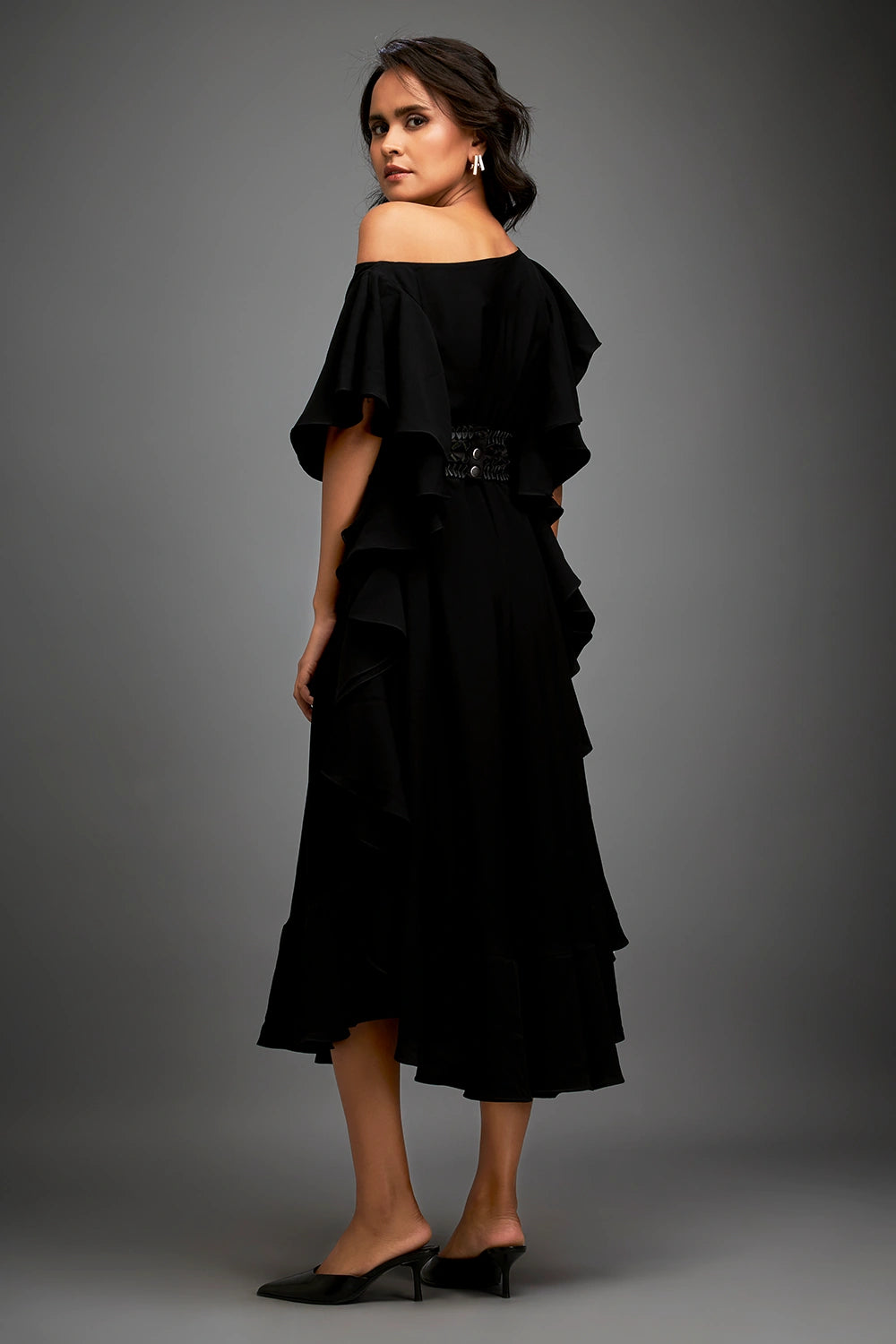 Black Asymmetrical Off-shoulder Green Textured Dress