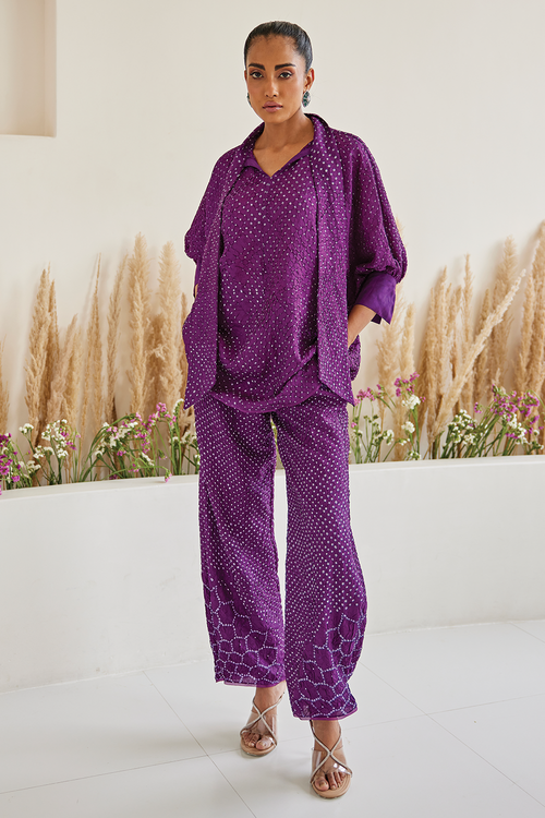 Purple Bandhani Tie Shirt with Palazzo