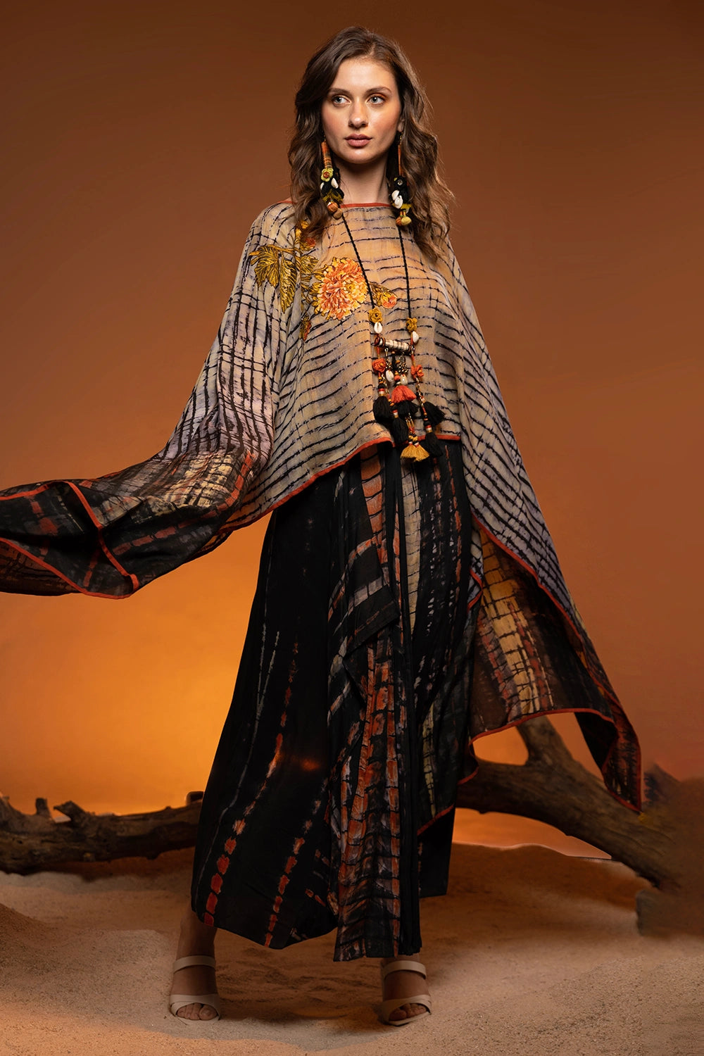 Embroidered Tie Dye Cape With Pleated Skirt And Inner