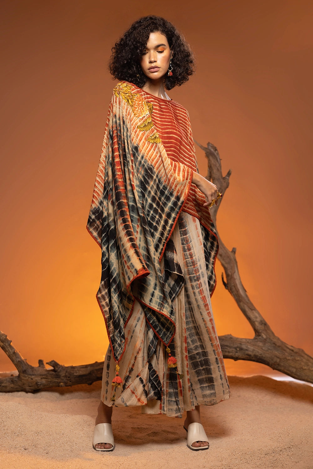 Beige and Orange Embroidered Tie Dye Cape and Skirt with Inner