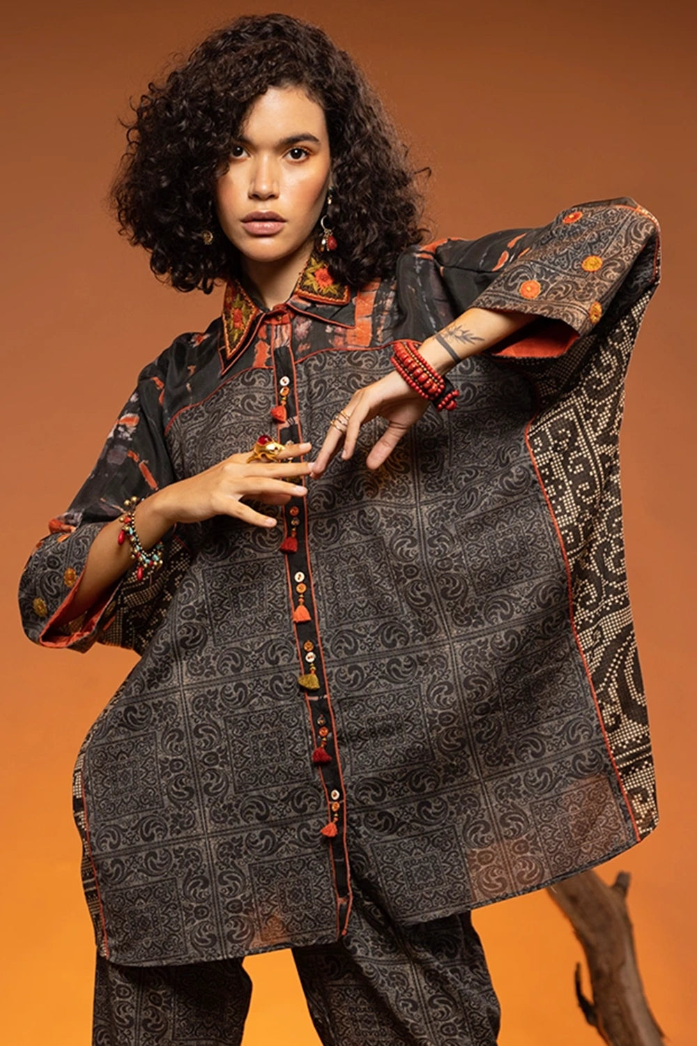 Emb Double Collar Boho Shirt