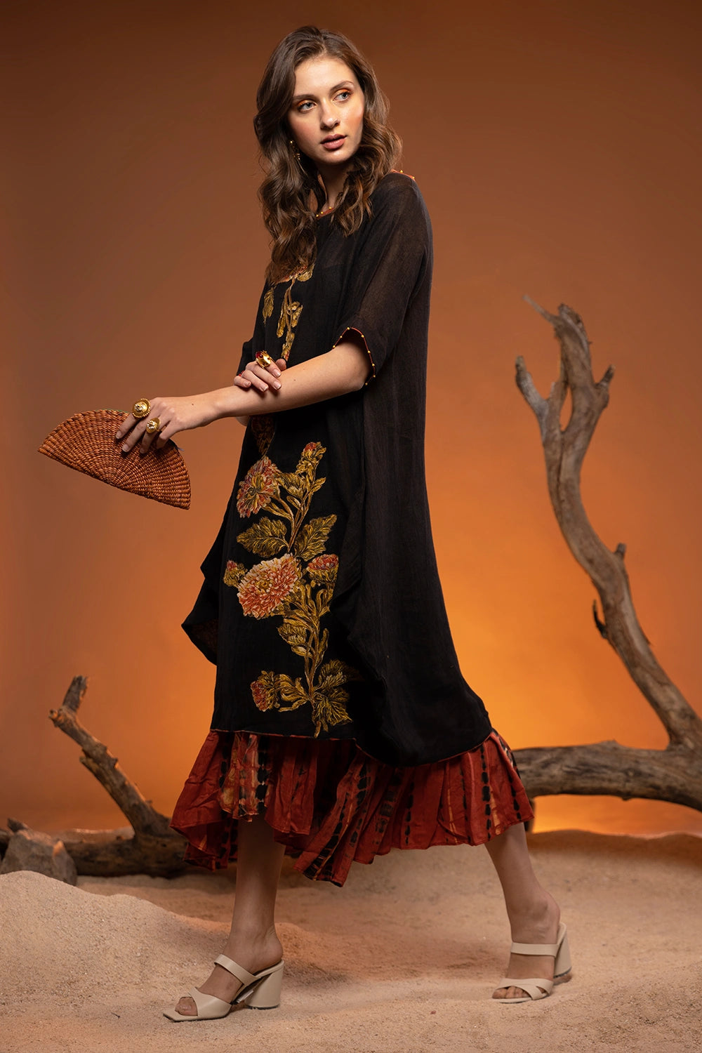 Black Embroidered Linen Boho Tunic Dress