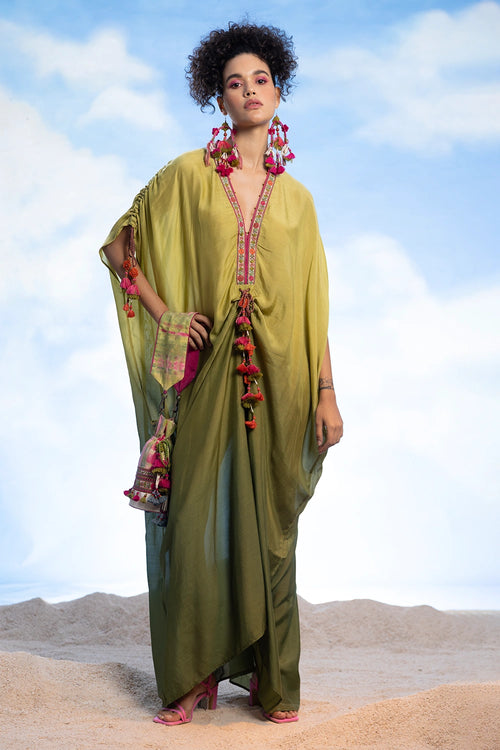 Green Embellished And Shaded Kaftan