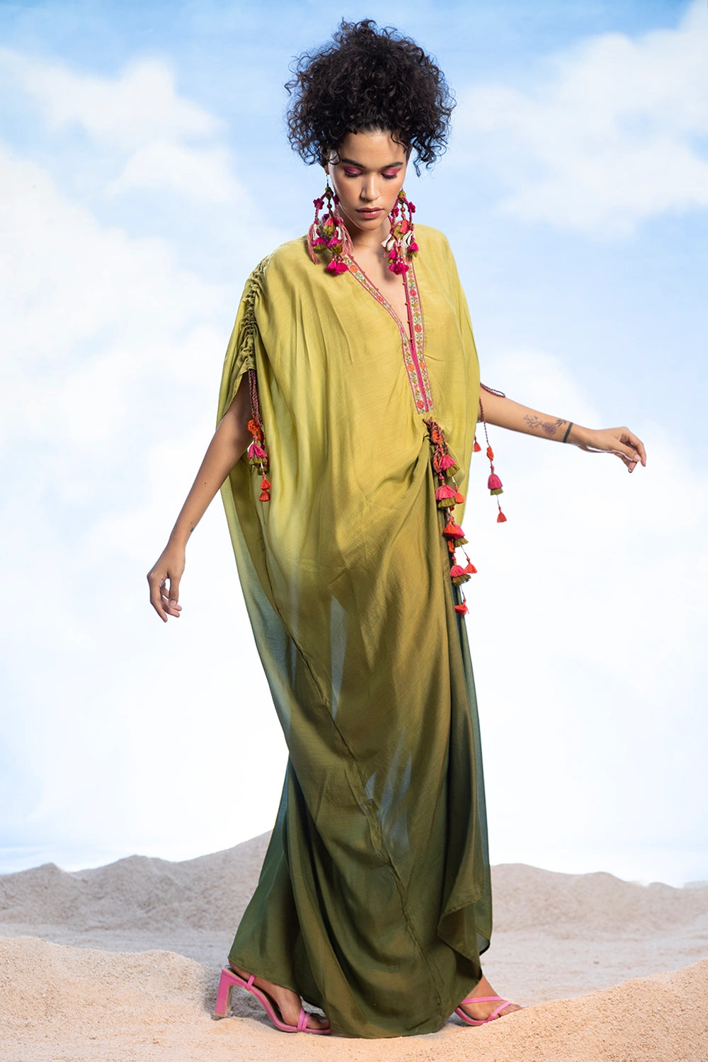 Green Embellished And Shaded Kaftan