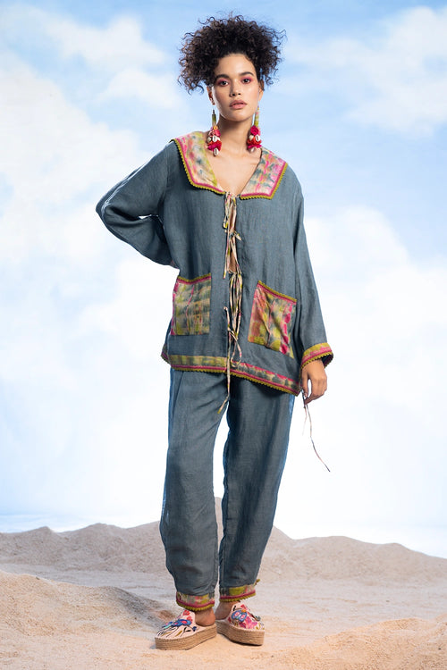 Crochet Beading Linen Shirt And Pants Set