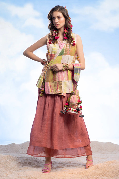 Patchwork Overlap Jacket With Linen Gathered Skirt